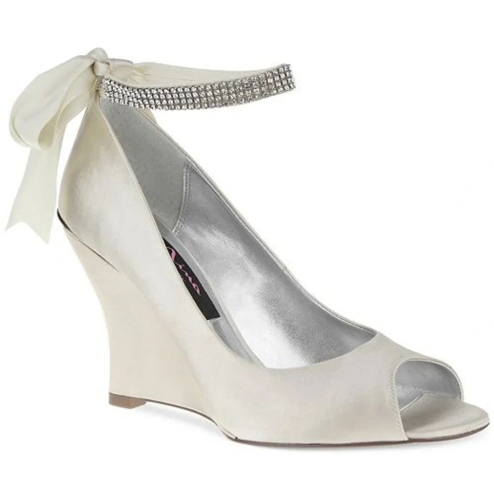 Nina Ivory Satin Wedge Peep-Toe with Rhinestone Ankle Strap